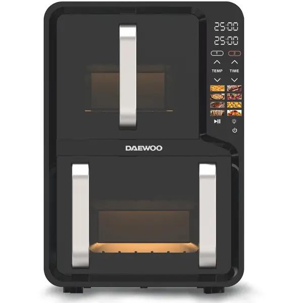 Daewoo Friteuza dubla cu aer cald Daewoo DAF2X1100UDB, 1400 W+1600 W, display LCD, capacitate 12L 5 + 7, 8 programe predefinite, temperatura reglabila 80-200 grade, Negru