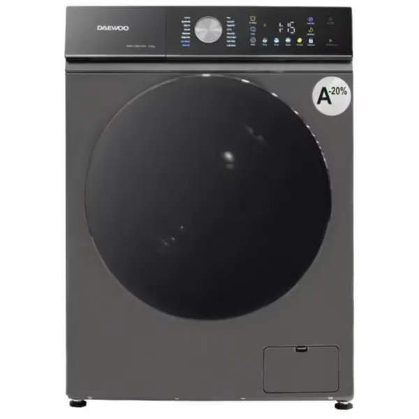 Daewoo Masina de spalat rufe Daewoo, 8 kg, motor inverter, 1400 rpm, clasa A-30%, 16 programe, butoane touch, usa dubla neagra, Argintiu