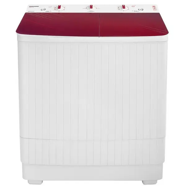 Daewoo Masina de spalat semiautomata Daewoo DSWM 7.3R, cu storcator, spalare 7 kg, stoarcere 3 kg, capac de sticla, filtru de scame, alb cu rosu