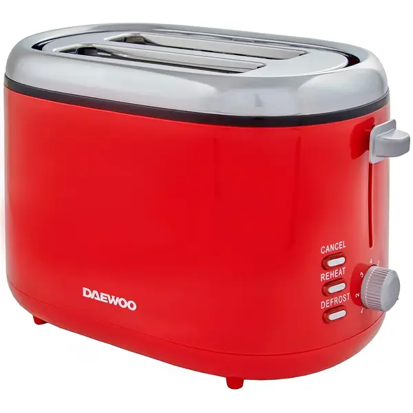 Daewoo Prajitor de paine Daewoo, putere 900 W, functie reincalzire, functie decongelare, indicator luminos, tavita pentru firimituri, spatiu depozitare cablu, control electronic rumenire, carcasa Cool Touch, culoare rosie