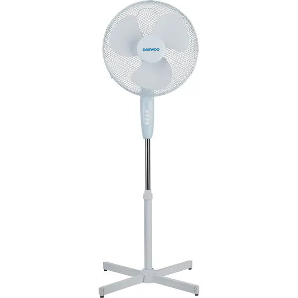 Daewoo Ventilator cu picior Daewoo DVS1699V, putere 50 W, 40 cm diametru, trei trepte de putere, inaltime reglabila pana la 125 cm, gril frontal de protectie, oscilare la 90 grade, baza stabila, Alb