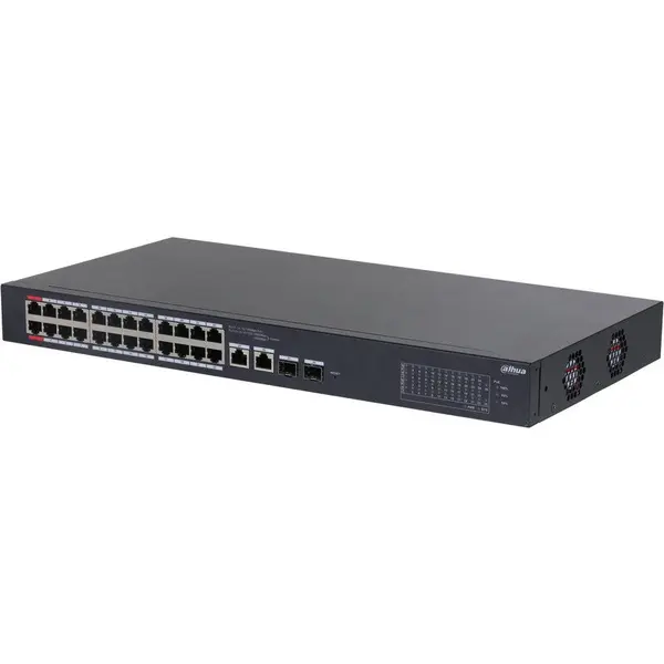Dahua Switch DAHUA CS4226-24ET-375, 26 de porturi total, 24 de porturi Fast Ethernet (10/100 Mbps) PoE, 2 porturi combo Gigabit (RJ45/SFP)