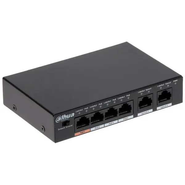 Dahua Switch POE , Dahua, Pfs3006-4et-60-v2, Desktop, 6 porturi fastethernet, 4 porturi poe, Putere maxima 60 w, Pentru camere ip, Alimentare 53 v dc, Temperatura de functionare -10°c pana la 55°c, Greutate 0, 29 kg