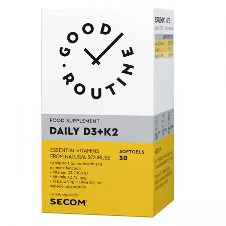 Daily D3 2000 UI + K2 Good Routine, 30 capsule gelatinoase moi, Secom