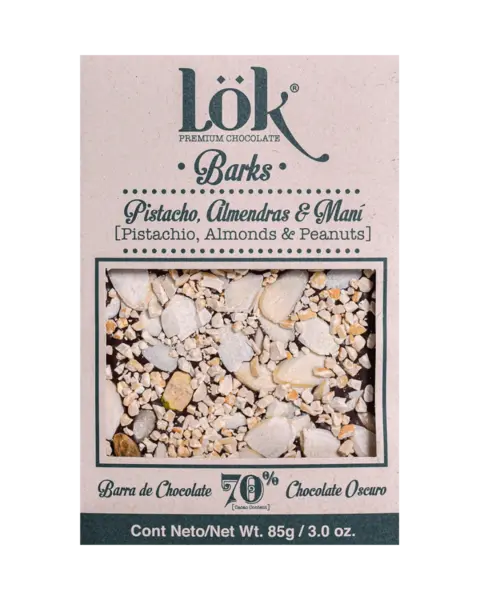 Dark Chocolate 70% cacao cu arahide, migdale si fistic, 85g, LOK