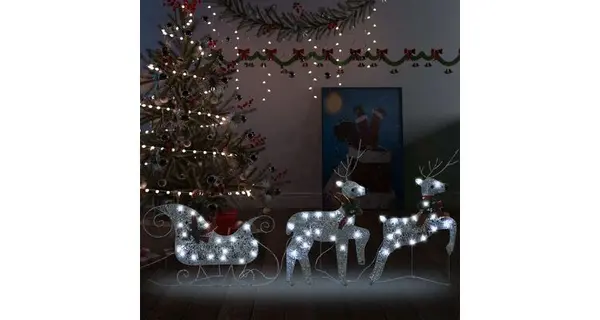 Decor de Craciun cu reni si sanie, 60 LED-uri argintiu exterior