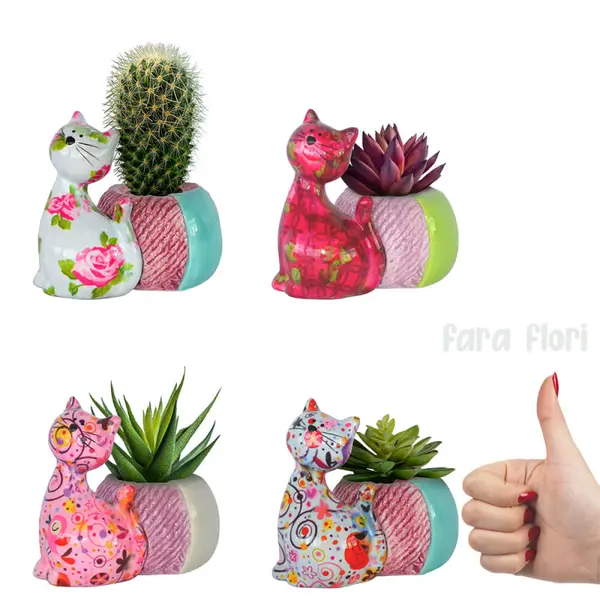 Decoratiune ceramica masca ghiveci Pisica Caramel inaltime 12.2 cm