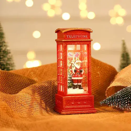 Decoratiune De Craciun Tip Cabina Telefonica cu Mos Craciun Si Brad, Cadouri, Functie Muzicala, Lumini Si Ninsoare Automata, Cu Apa, Lumina Calda, Usb sau Baterii, Led