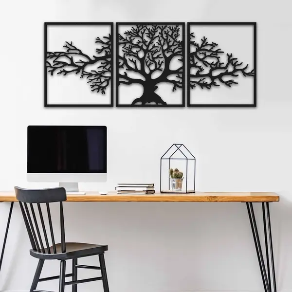 Decoratiune de perete Copacul Vietii, Metal, 3 Piese, Negru, 120x49 cm
