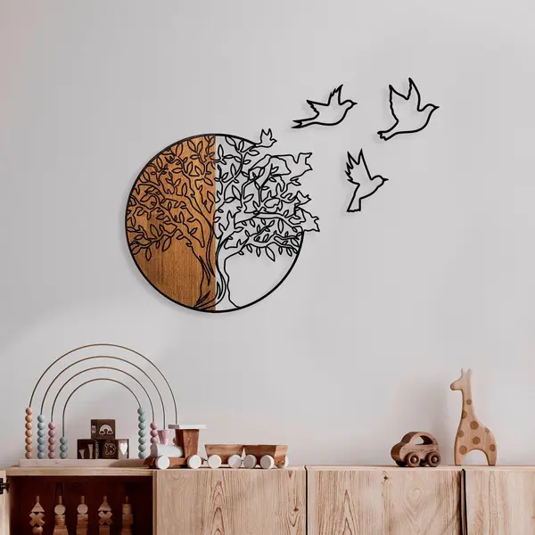 Decoratiune de perete lemn Tree And Birds 2, Nuc, 56x60 cm