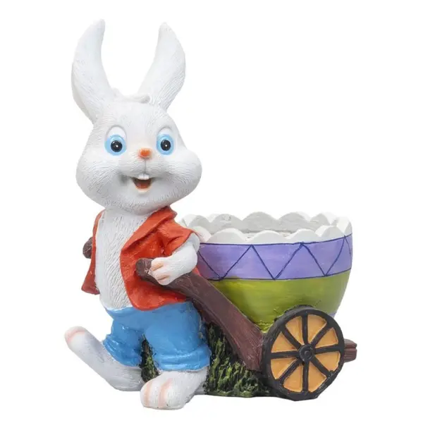 Decoratiune Gradina, Model Iepure cu Carucior, Suport pentru Flori, Rasina, Inaltime 23 cm, Alb