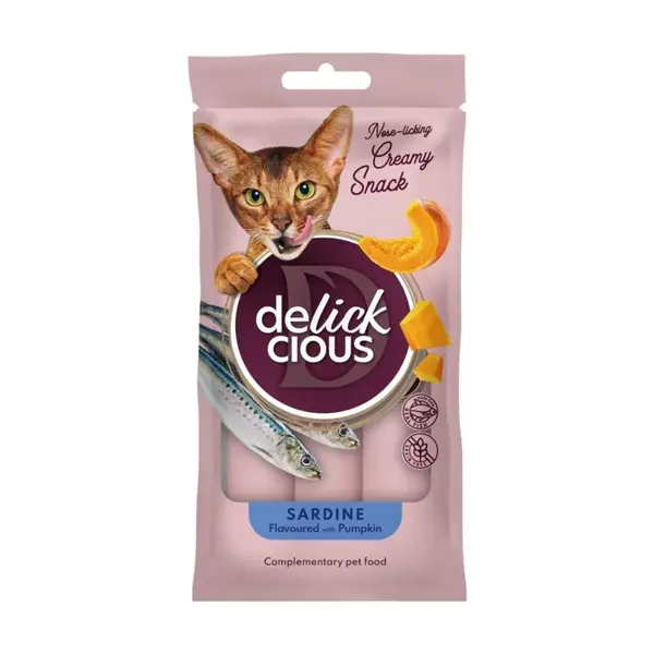 DELICKCIOUS Creamy Snack, Sardine și dovleac, plic recompense pisici, 60g