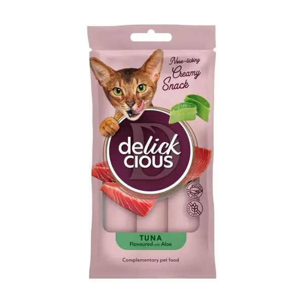 DELICKCIOUS Creamy Snack, Ton și Aloe Vera, plic recompense pisici, 60g