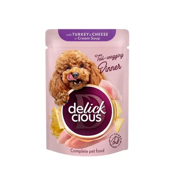 DELICKCIOUS Dinner, XS-S, Curcan și Brânză, plic hrană umedă câini, (în supă), 85g