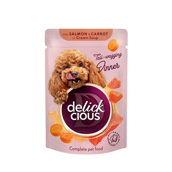 DELICKCIOUS Dinner, XS-S, Somon și Morcov, plic hrană umedă câini, (în supă), 85g