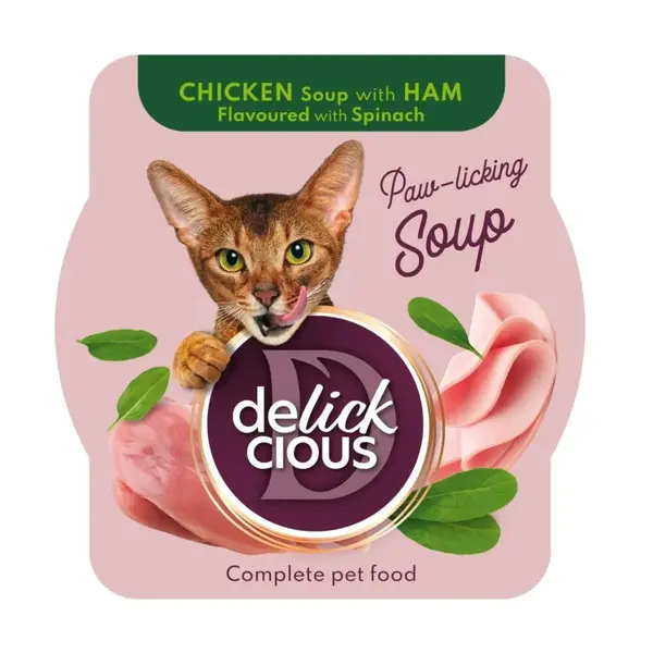 DELICKCIOUS Supă, Pui și Șuncă, bol hrană umedă pisici, (în supă), 80g
