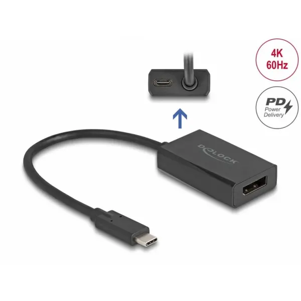Delock Adaptor Displayport la USB type C (DP Alt Mode) 4K60Hz PD 85W M-T, Delock 61059