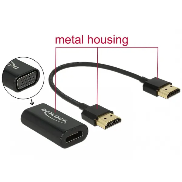 Delock Adaptor HDMI la VGA T-M carcasa metalica + cablu HDMI 15cm, Delock 65667
