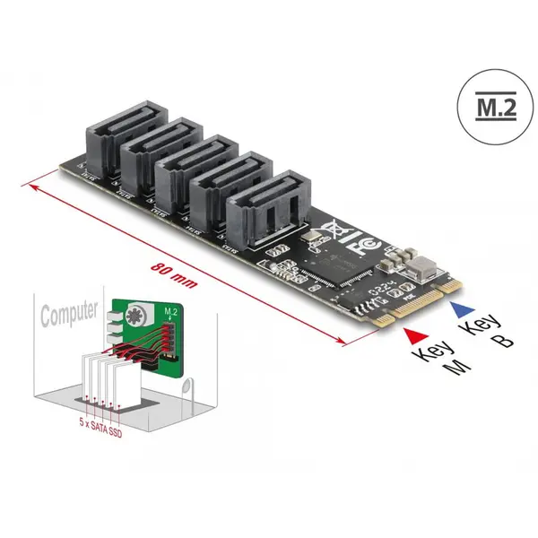 Delock Adaptor M.2 2280 Key B+M la 5 x SATA, Delock 64241