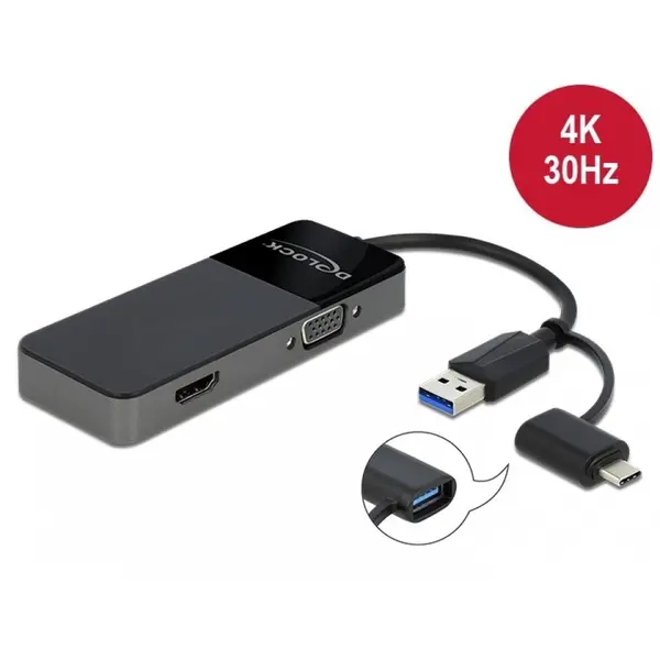 Delock Adaptor USB 3.0 + adaptor USB-C la HDMI 4K@30Hz + VGA T-M, Delock 64085