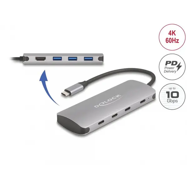 Delock Adaptor USB 3.2 type C la HDMI + 3 x USB-A + 3 x USB-C + PD 90W, Delock 64323