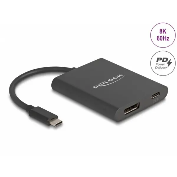 Delock Adaptor USB type C la Displayport (DP Alt Mode) 8K60Hz/4K144Hz HDR + PD 60W, Delock 64202