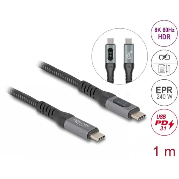 Delock Cablu coaxial de date + incarcare fast USB 4 type C 8K60Hz/240W/PD 3.1 cu afisaj 1m, Delock 86067