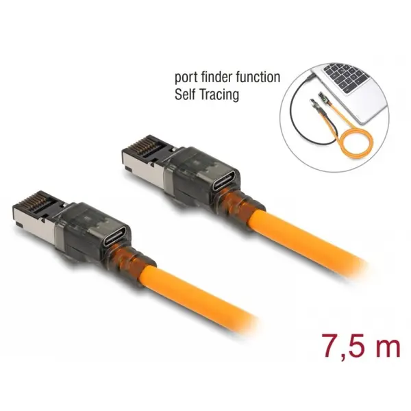 Delock Cablu de retea RJ45 Cat.6A S/FTP T-T cu port finder Self Tracing USB-C 7.5m Orange, Delock 80415