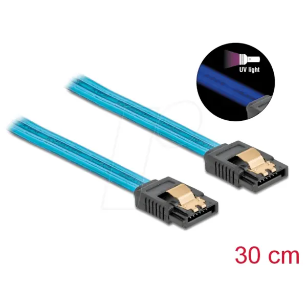 Delock Cablu SATA Delock, SATA III, 6 Gb/s, 30 cm, Albastru, UV Glow Effect