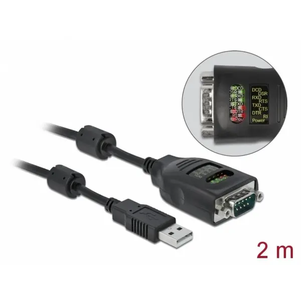 Delock Cablu USB-A la Serial RS-232 DB9 FTDI cu LED 2m, Delock 90497