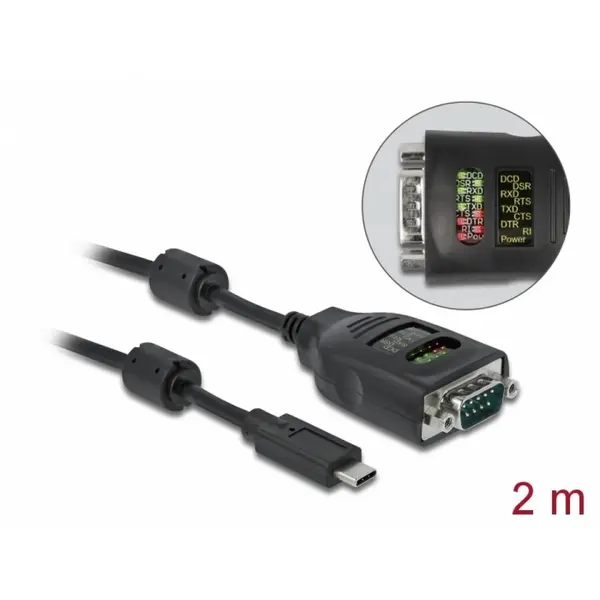 Delock Cablu USB type C la Serial RS-232 DB9 FTDI cu LED 2m, Delock 90414