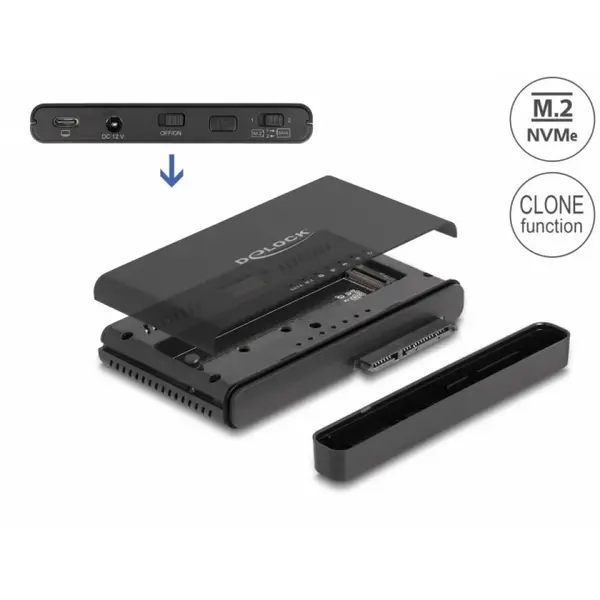 Delock Convertor USB 3.2 Gen2 type C la M.2 NVMe SSD + 1 x SATA SSD/HDD cu functie de clona, Delock 64190