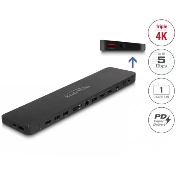 Delock Docking station DisplayLink USB type C la Displayport/2xHDMI/5xUSB-A/1xUSB-C/LAN/SD+microSD/Audio/PD 80W, Delock 88050