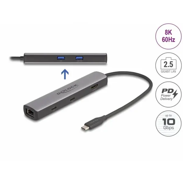 Delock Docking Station la HDMI 8K60Hz/LAN 2.5Gbs/2xUSB-A/2xUSB type C + PD 100W, Delock 87865
