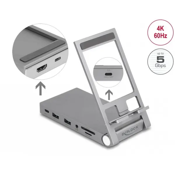 Delock Docking station USB type C la HDMI/USB/Hub/ SD+Micro SD PD 3.0 60W + stand, Delock 88199