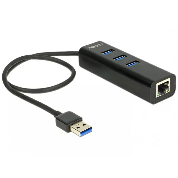 Delock HUB USB 3.0 + 1 x port Gigabit LAN Negru, Delock 62653