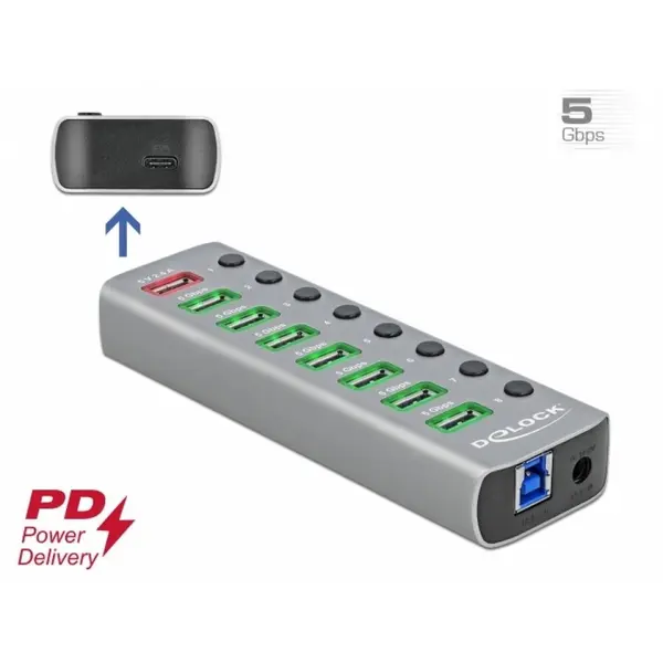 Delock HUB USB 3.2 Gen 1 cu 7 porturi + 1 Fast Charging + 1 USB-C PD 3.0 cu iluminare + switch ON/Off, Delock 63264