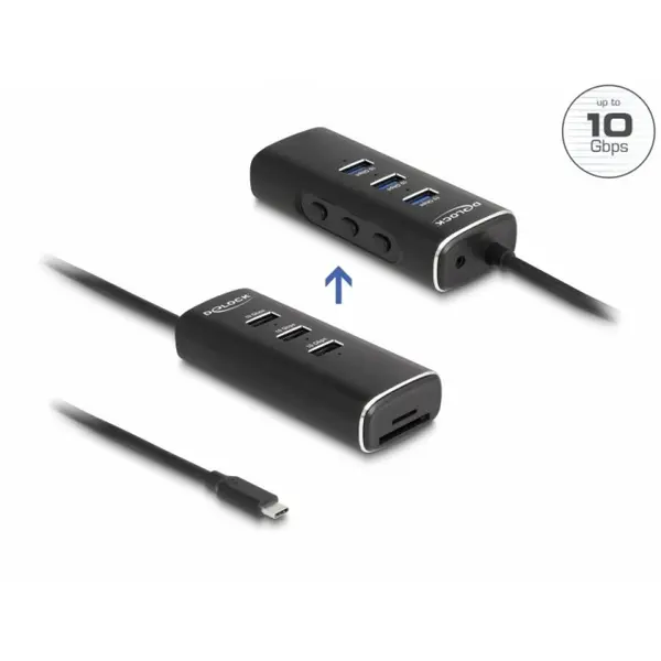 Delock HUB USB 3.2 Gen2 type C la 3 x USB-A + slot SD/micro SD switch ON/OFF 0.6m, Delock 64234