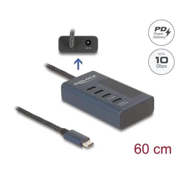 Delock HUB USB 3.2 Gen2 type C la 3 x USB type C + 1 x USB type C PD 20W 0.6m, Delock 64189