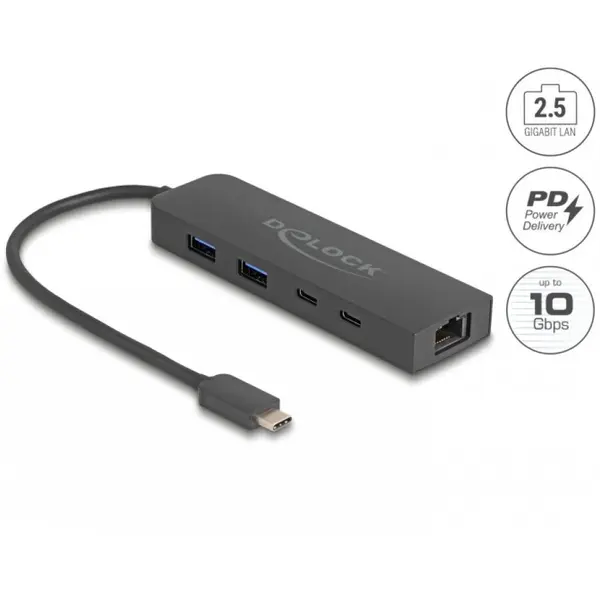 Delock HUB USB 3.2 type C la 1 x USB-C + 2 x USB-A + 2.5 Gigabit LAN + PD 85W, Delock 64110