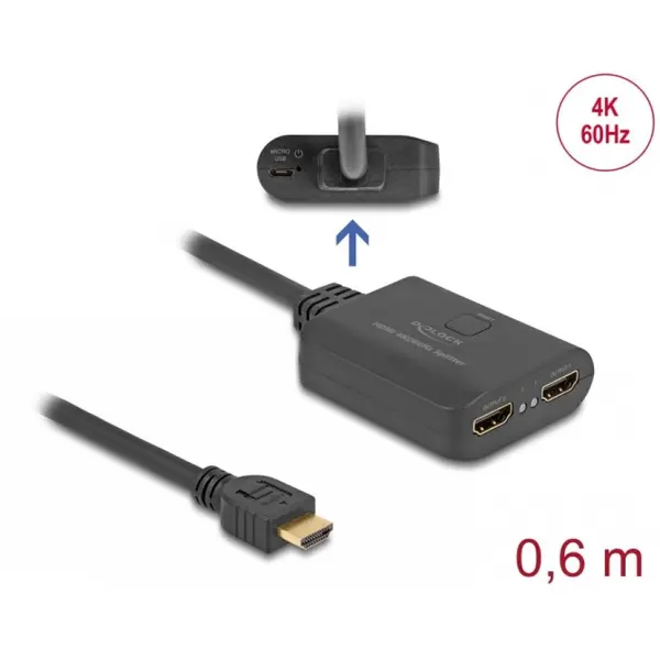 Delock Multiplicator HDMI 2 porturi 4K60Hz cu downscaler + cablu 0.6m, Delock 18650