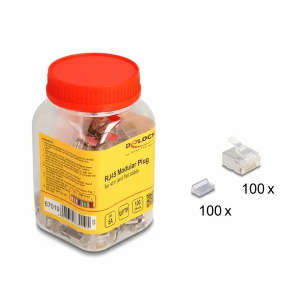 Delock Set 100 buc conector RJ45 Cat.6A pentru cablu slim/flat, Delock 67019