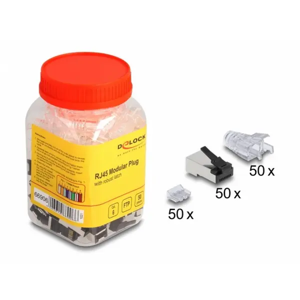 Delock Set 50 buc conector de retea RJ45 FTP pentru Cat.6 + manson transparent, Delock 66906