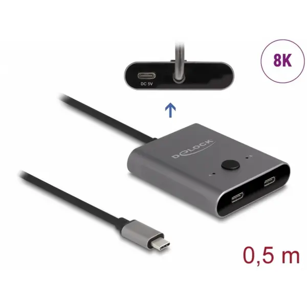 Delock Switch bidirectional USB type C la 2 x USB type C 8K60Hz/4K144Hz T-M, Delock 11500