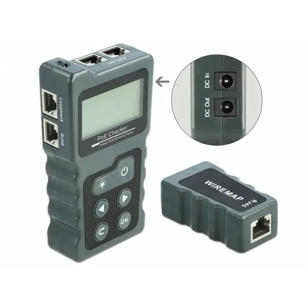 Delock Tester cablu RJ45 / PoE / DC cu LCD, Delock 63110