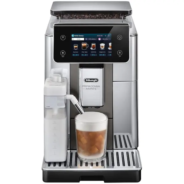 Delonghi Espressor automat De’Longhi PrimaDonna Aromatic, 35 de bauturi, 2 Tehnologie LatteCrema (Hot & Cool), Rasnita cu tehnologie Bean Adapt si extractie la rece, 1450W, 19 bar, Metal Titan