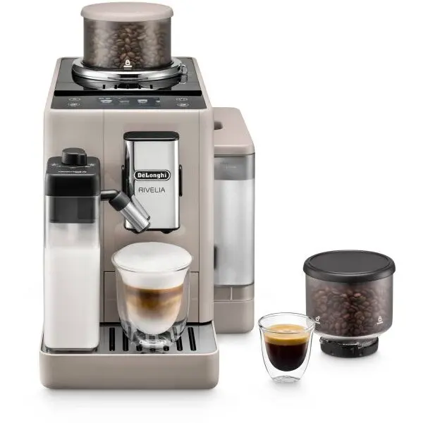 Delonghi Espressor automat De’Longhi Rivelia EXAM440.55.BG - 0132215474, 1450W, 19 bar, Rezervor 1.4l, 2 recipiente pentru boabe, Tehnologie Bean Adapt, Carafa cu tehnologie LatteCrema Hot, Sand Beige