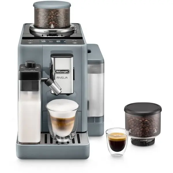 Delonghi Espressor automat De’Longhi Rivelia EXAM440.55.G - 0132215475, 1450W, 19 bar, Rezervor 1.4l, 2 recipiente pentru boabe, Tehnologie Bean Adapt, Carafa cu tehnologie LatteCrema Hot, Pebble Grey