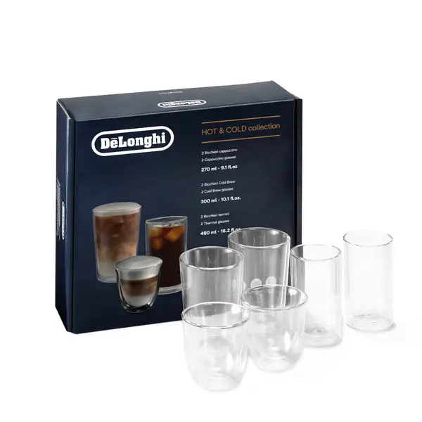 DeLonghi Hot & Cold Collection set 6 pahare de sticlă termorezistentă, perete dublu, 2x270ml, 2x300ml, 2x480ml