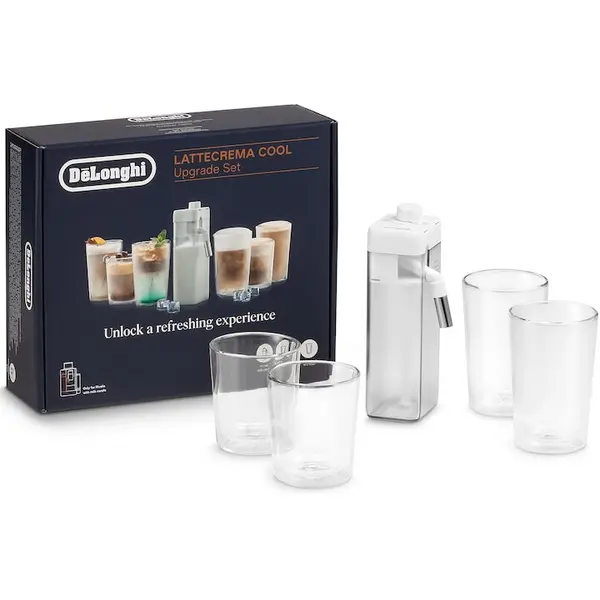 Delonghi Set De'Longhi DLSC032 LatteCrema Cool, pentru preparare bauturi cu spuma de lapte rece, compatibil cu espressoarele Rivelia, include carafa LatteCrema Cool, 2 x pahare termice de 400 ml, 2 x pahare termice de 480 ml